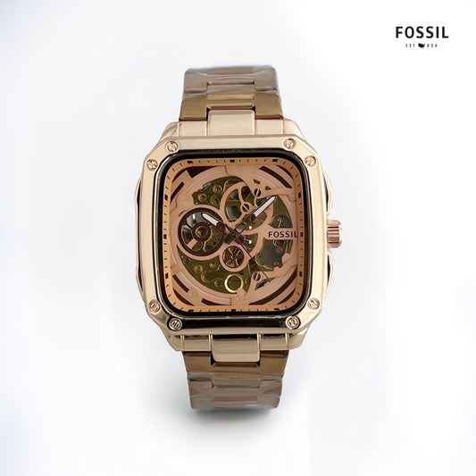 Fossil Inscription Analog Rose Gold Movement With Skeleton Dial